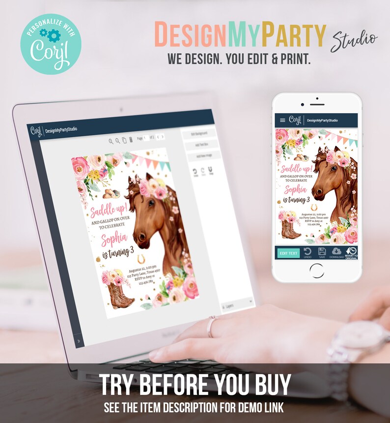 Puede incluir: Una plantilla de dise&ntilde;o digital para una invitaci&oacute;n de cumplea&ntilde;os con un caballo marr&oacute;n con una corona de flores rosas y un par de botas de vaquero. El texto de la invitaci&oacute;n dice "Saddle up! And gallop on over to celebrate Sophia is turning 3".