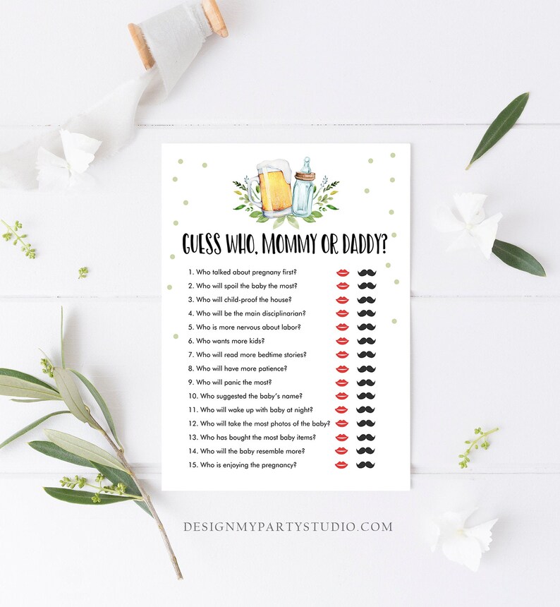May include: A printable game card with the text "Guess Who, Mommy or Daddy?" and a list of 15 questions about pregnancy and parenting. The questions are followed by a row of red lips and black mustaches to indicate who the answer is.
