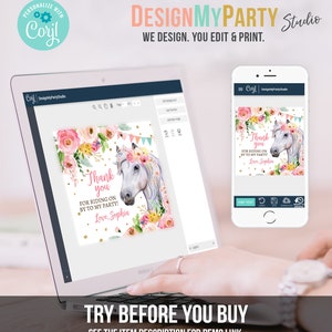 Puede incluir: Un port&aacute;til y un smartphone muestran un dise&ntilde;o de invitaci&oacute;n de fiesta. La invitaci&oacute;n presenta una ilustraci&oacute;n de acuarela de un caballo blanco con una corona floral y el texto "&iexcl;Gracias por venir a mi fiesta!" El dise&ntilde;o incluye flores rosas y amarillas.