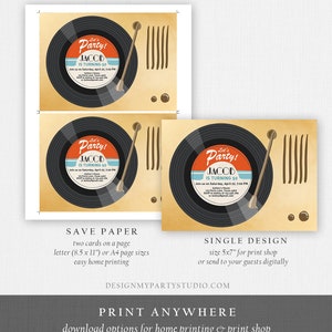 May include: Two printable 5x7 inch invitations for a 50th birthday party. The invitations feature a retro record player design with a black vinyl record and a brown tone arm. The text on the invitation reads "Let's Party! Jacob is turning 50. Join us on Saturday, April 22, 7:00 PM."