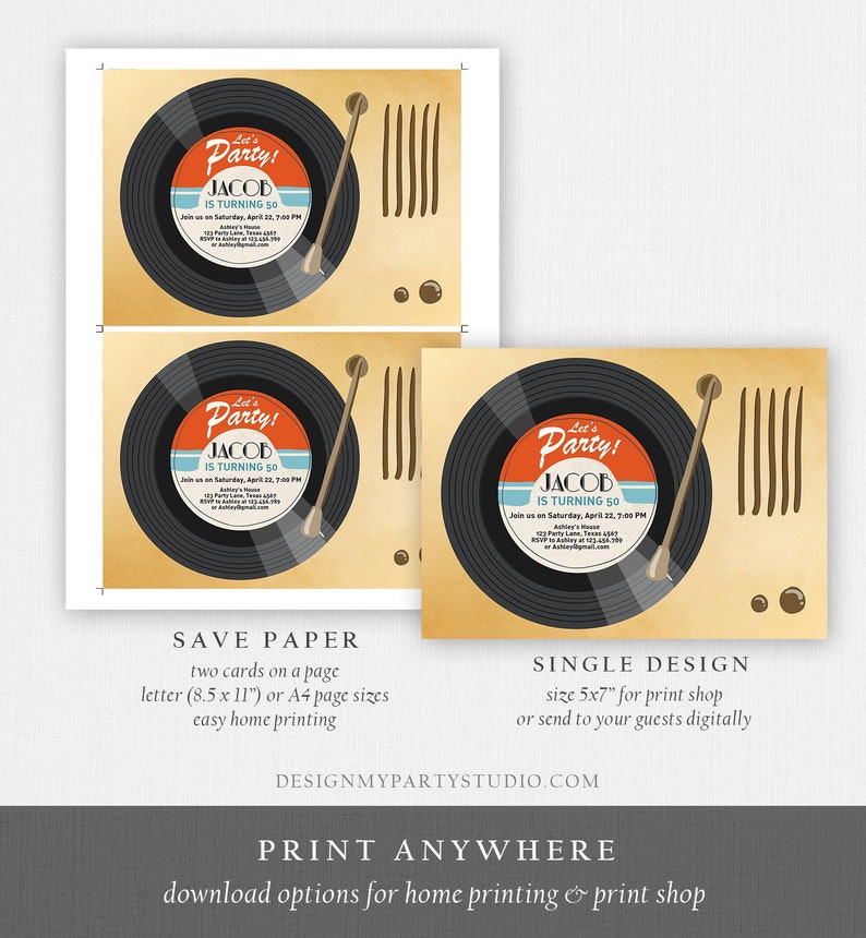 May include: Two printable 5x7 inch invitations for a 50th birthday party. The invitations feature a retro record player design with a black vinyl record and a brown tone arm. The text on the invitation reads "Let's Party! Jacob is turning 50. Join us on Saturday, April 22, 7:00 PM."