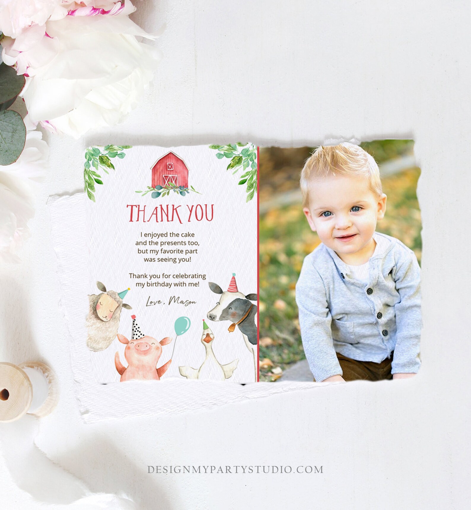 Editable Farm Animals Thank You Card Red Gingham Farm Birthday Boy ...