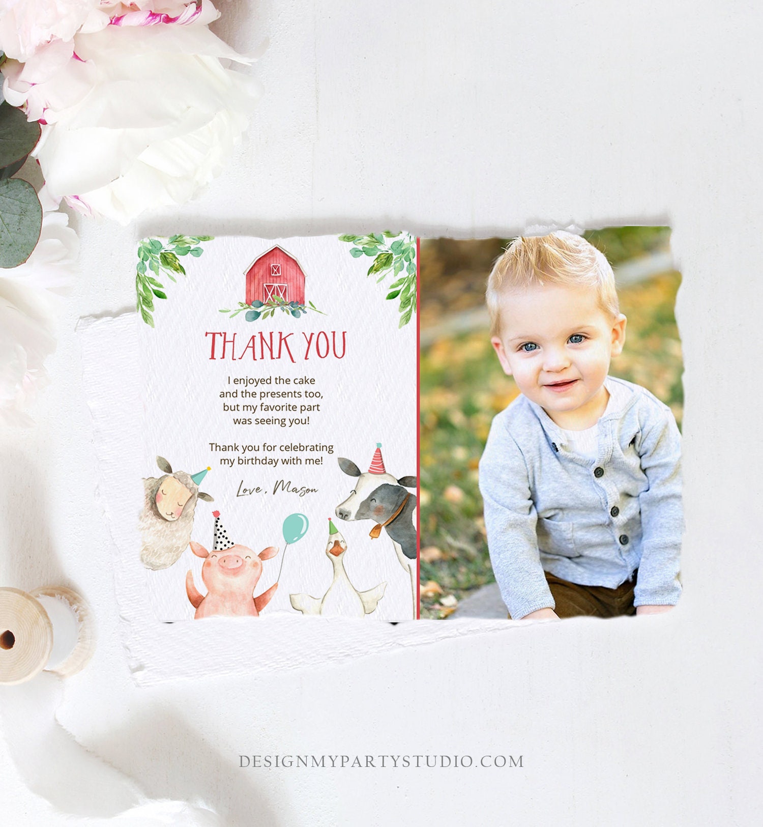 Editable Farm Animals Thank You Card Red Gingham Farm Birthday Boy ...