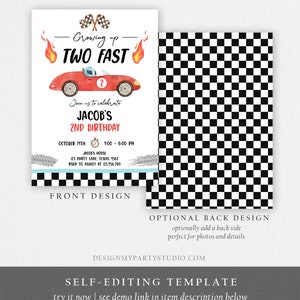 May include: A printable invitation for a 2nd birthday party with a race car theme. The invitation features a red race car with the number 2 on it, flames, and a checkered flag. The text on the invitation reads "Growing up TWO FAST" and "Join us to celebrate Jacob's 2nd Birthday".