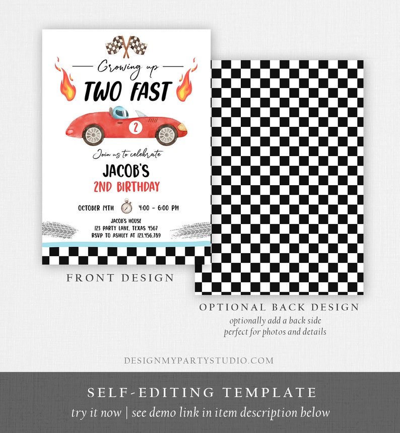 May include: A printable invitation for a 2nd birthday party with a race car theme. The invitation features a red race car with the number 2 on it, flames, and a checkered flag. The text on the invitation reads "Growing up TWO FAST" and "Join us to celebrate Jacob's 2nd Birthday".