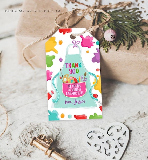 Editable Art Party Favor Tags Painting Party Thank You Tag Gift Tag Art Birthday Girl Pink Craft Paint Brush Corjl Template Printable 0319 Il_570xn