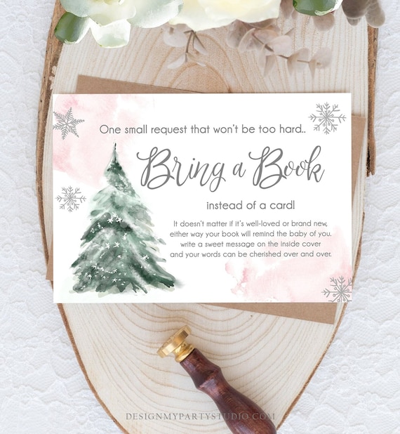 Editable Bring a Book Card Baby It's Cold Outside Baby Shower Winter Snow Girl Pink Watercolor Books Request Corjl Template Printable 0363 Il_570xn