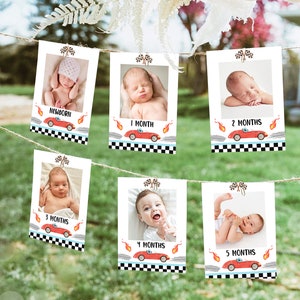 Editable Race Car Birthday Banner Monthly Photo Banner ANY AGE Growing Up Two Fast Red Fast One 1st Digital Download Template Printable 0424