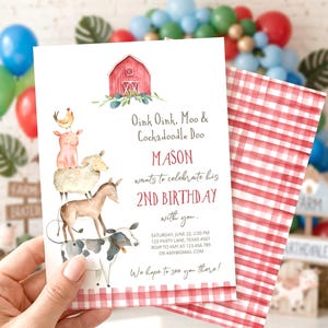 May include: A rectangular birthday invitation card featuring a watercolor illustration of a red barn and a stack of farm animals including a chicken, pig, sheep, donkey, and cow. The text reads Oink Oink, Moo & Cockadoodle Doo, Mason 2nd Birthday.