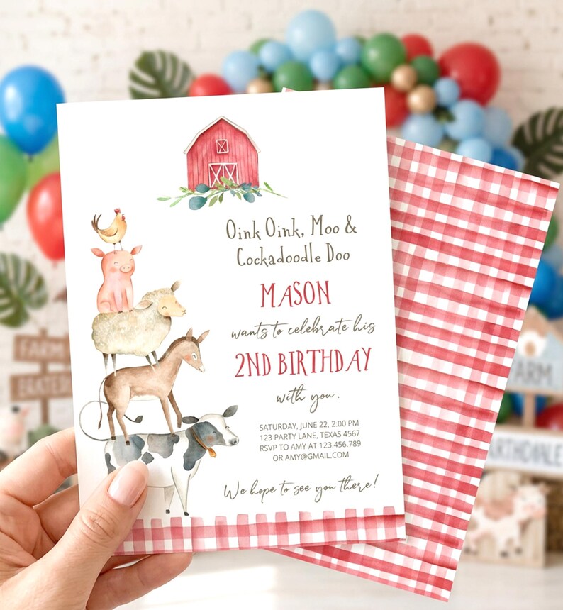 May include: A rectangular birthday invitation card featuring a watercolor illustration of a red barn and a stack of farm animals including a chicken, pig, sheep, donkey, and cow. The text reads Oink Oink, Moo & Cockadoodle Doo, Mason 2nd Birthday.