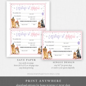 Pet Adoption Certificate Puppy Adoption Dog Birthday Party Adopt A Pet ...