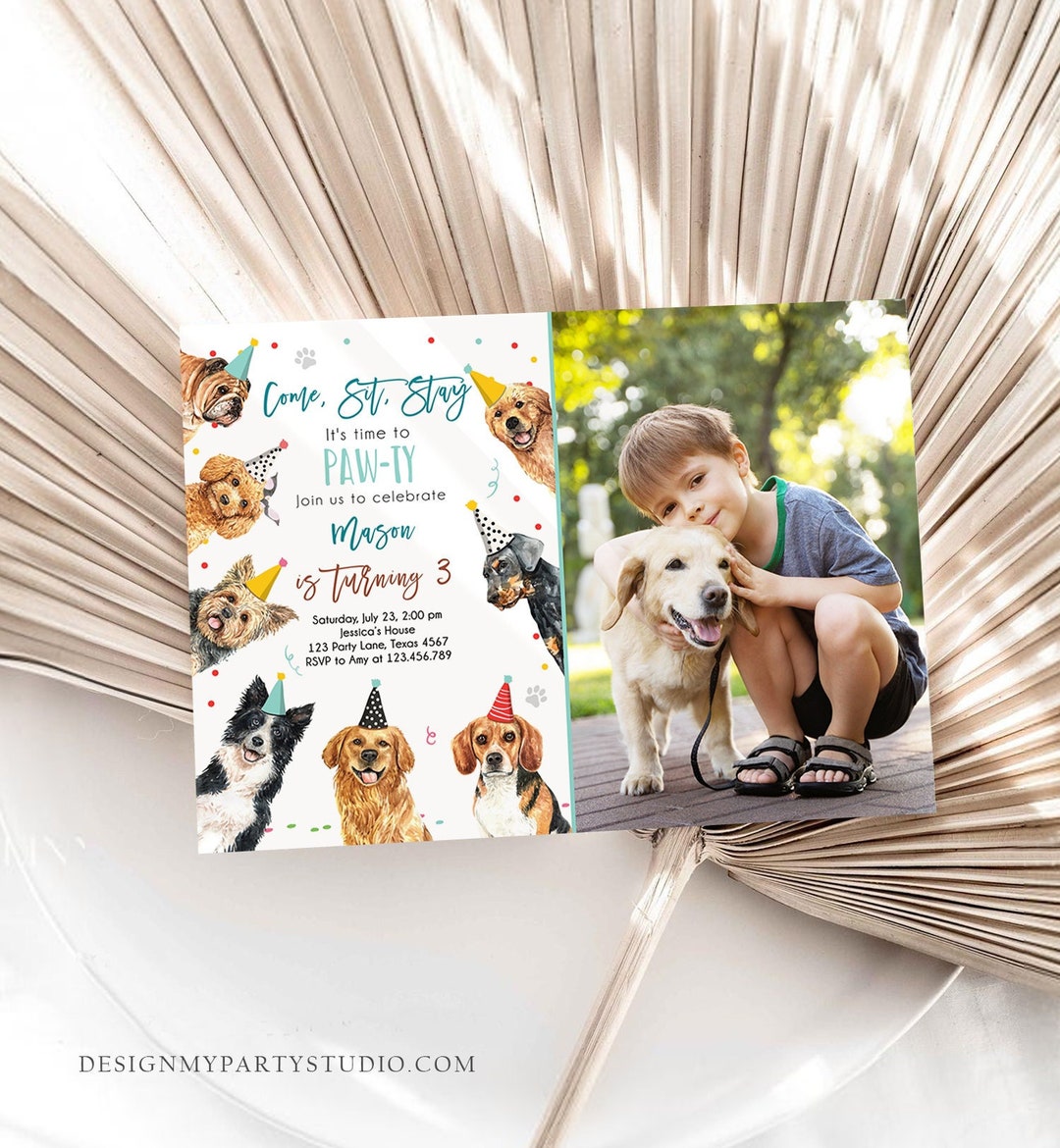 Editable Dog Birthday Party Invitation Puppy Birthday Invite Boys Blue ...