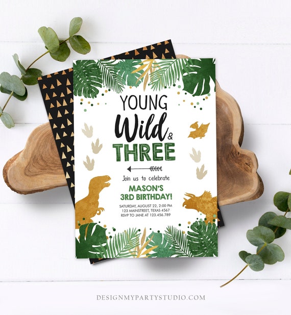 Editable Young Wild and Three Birthday Invitation Dinosaur Dino Party Boy 3rd Third Birthday Green Gold Black Corjl Template Printable 0146 Il_570xn