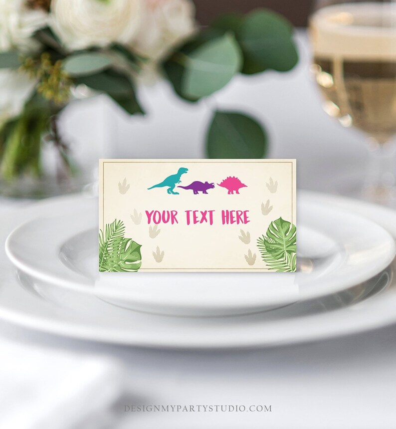 Editable Dinosaur Food Labels Dinosaur Party Place Card Tent Card Escort Card Dino Birthday Girl Pink TRex Prehistoric