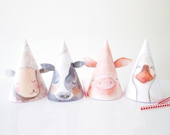 Printable Party Hats Farm Animals Birthday Party Birthday Decor Barnyard Birthday Cow Pig Sheep Farm Decoration DIY PRINTABLE Digital 0155