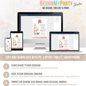 May include: A digital party invitation template displayed on a desktop monitor, tablet, and smartphone. The invitation features a red barn, farm animals, and red plaid accents. Text includes "DESIGNMYPARTY STUDIO" and "EDIT AND DOWNLOAD WITH PC, LAPTOP, TABLET, SMARTPHONE."