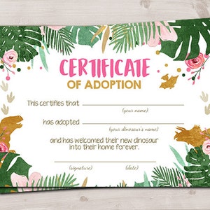 Dinosaur Adoption Certificate Dinosaur Adoption Dinosaur Birthday Dino Party Decor Girl Pink Gold Instant Download Digital PRINTABLE 0146