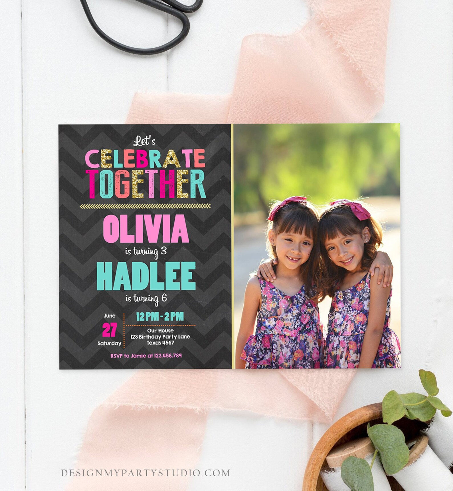 Editable Sisters Birthday Invitation Twins Birthday Party Etsy