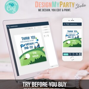 Peut inclure: Un &eacute;cran d'ordinateur affichant un mod&egrave;le de conception d'invitation de f&ecirc;te d'anniversaire sur le th&egrave;me du golf. Le design pr&eacute;sente une voiturette de golf, des balles de golf et le texte "Merci d'&ecirc;tre venu &agrave; mon 1er anniversaire Par-Tee". Le design est personnalisable avec du texte et des images. L'&eacute;cran est sur un ordinateur portable avec une main qui survole le clavier. Le texte "Essayer avant d'acheter" est affich&eacute; sous l'ordinateur portable.