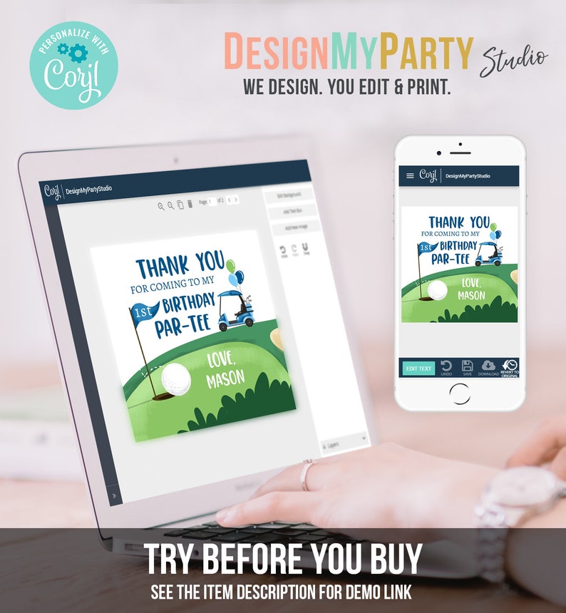 Peut inclure: Un &eacute;cran d'ordinateur affichant un mod&egrave;le de conception d'invitation de f&ecirc;te d'anniversaire sur le th&egrave;me du golf. Le design pr&eacute;sente une voiturette de golf, des balles de golf et le texte "Merci d'&ecirc;tre venu &agrave; mon 1er anniversaire Par-Tee". Le design est personnalisable avec du texte et des images. L'&eacute;cran est sur un ordinateur portable avec une main qui survole le clavier. Le texte "Essayer avant d'acheter" est affich&eacute; sous l'ordinateur portable.