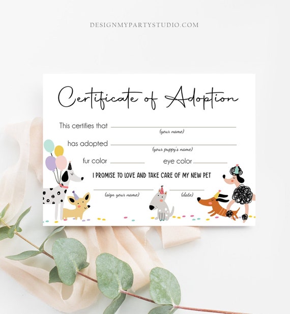 Pet Adoption Certificate Puppy Adoption Dog Birthday Party Adopt A Pet Girl Pink Vet Puppy Adoption Digital Download Printable 0429
