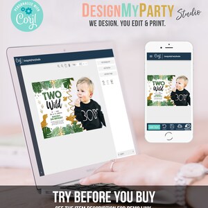 May include: A digital design template for a birthday invitation with a green, gold, and white color scheme. The invitation features a dinosaur and the text "Two Wild" and "Mason's 2nd Birthday".