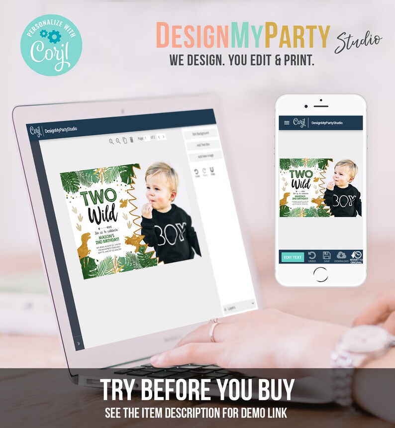 May include: A digital design template for a birthday invitation with a green, gold, and white color scheme. The invitation features a dinosaur and the text "Two Wild" and "Mason's 2nd Birthday".