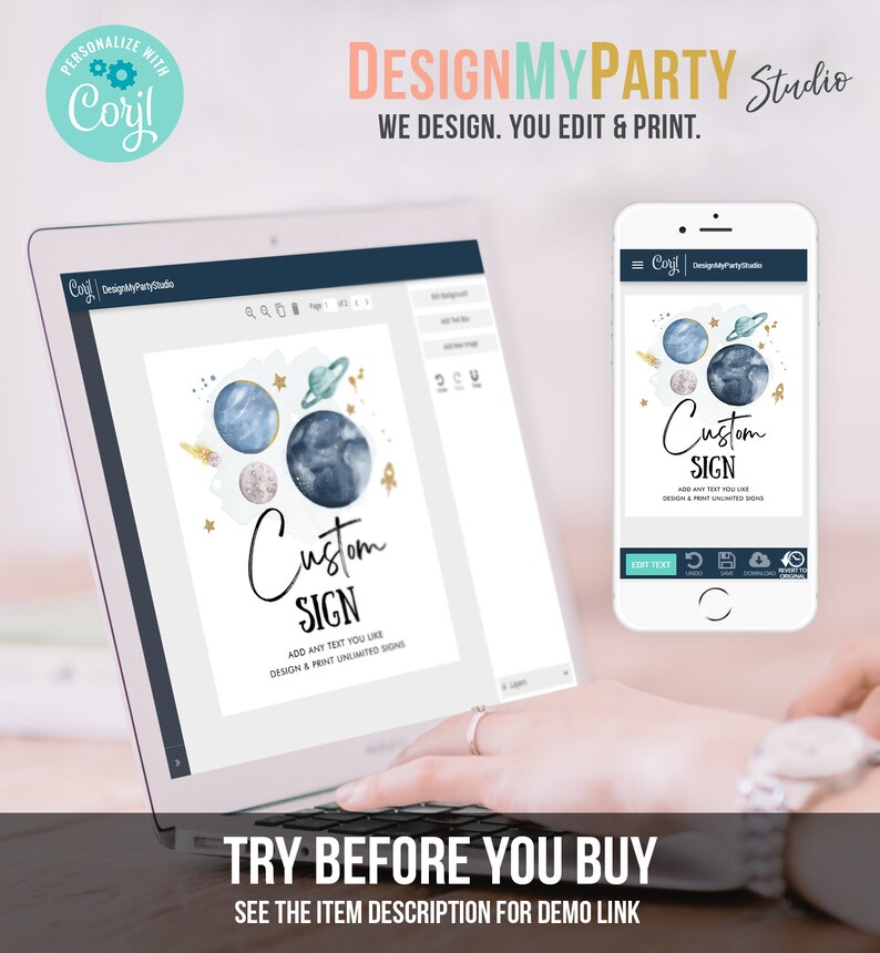 May include: A computer screen and a mobile phone display a mockup of a printable sign with a blue and gold watercolor design of planets and stars. The text on the sign reads "Custom Sign" and "Add any text you like, design & print unlimited signs".