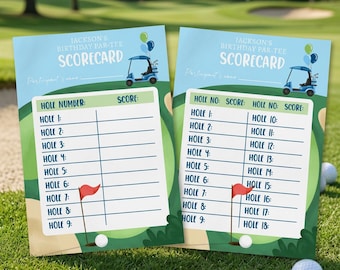 May include: Two golf-themed birthday scorecard sheets with light blue backgrounds, featuring a blue golf cart, balloons, and a red flag. The text reads Jackson's Birthday Par-Tee Scorecard, with columns for hole numbers and scores for 9 and 18 holes.