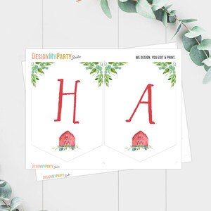 Pu&ograve; includere: Banner stampabile con le lettere "HA" in rosso, ogni lettera con un'illustrazione di fienile rosso e fogliame verde. Il banner &egrave; progettato per una festa a tema fattoria.