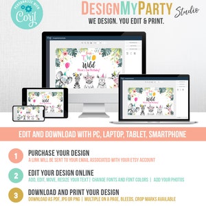 Peut inclure: Une maquette num&eacute;rique d'un &eacute;cran d'ordinateur montrant un design imprimable pour une f&ecirc;te d'anniversaire. Le design pr&eacute;sente un th&egrave;me jungle avec un sch&eacute;ma de couleurs rose et vert. Le texte sur le design est "Born Two Be Wild" et "Olivia's 2nd Birthday!"