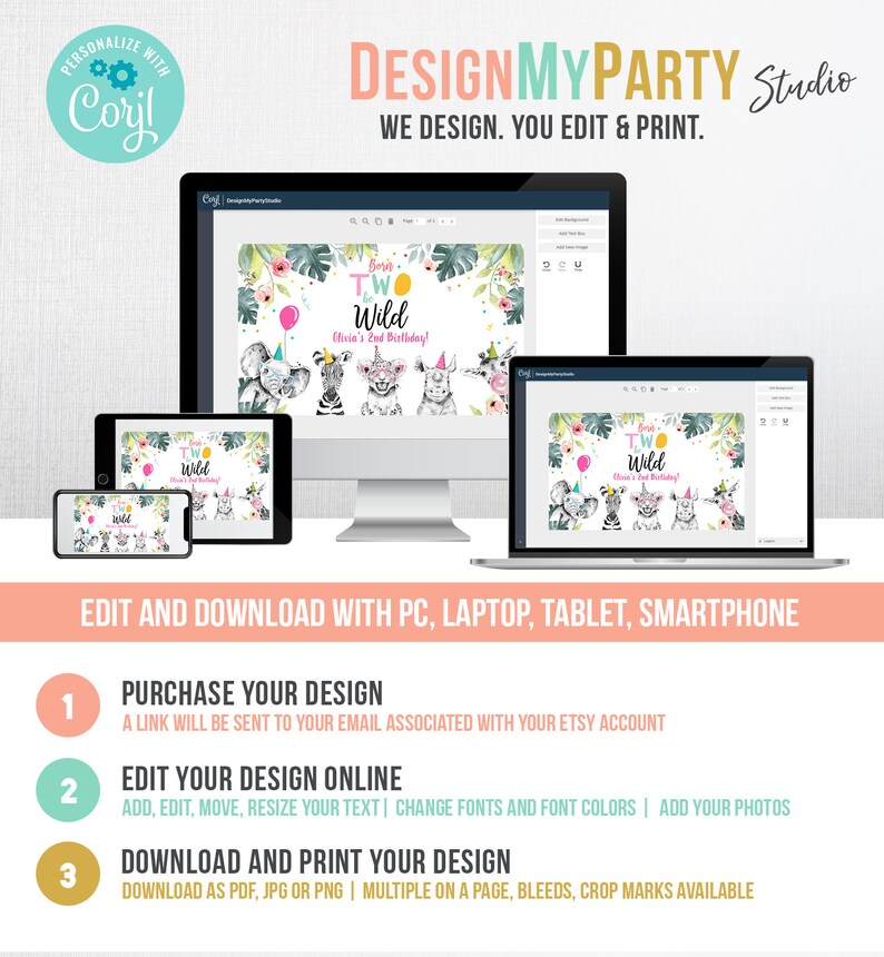 Peut inclure: Une maquette num&eacute;rique d'un &eacute;cran d'ordinateur montrant un design imprimable pour une f&ecirc;te d'anniversaire. Le design pr&eacute;sente un th&egrave;me jungle avec un sch&eacute;ma de couleurs rose et vert. Le texte sur le design est "Born Two Be Wild" et "Olivia's 2nd Birthday!"