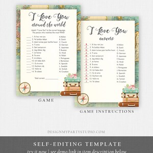 Editable I Love You Around the World Bridal Shower Game Travel Wedding Shower Activity Vintage Map Suitcases Corjl Template Printable 0044 image 4