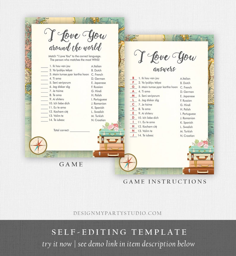Editable I Love You Around the World Bridal Shower Game Travel Wedding Shower Activity Vintage Map Suitcases Corjl Template Printable 0044 image 4