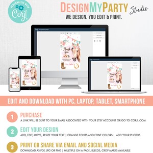 May include: A digital design template for a thank you card with a pink and white horse illustration, pink and white floral accents, and the text "Thank you for riding on my to my party".