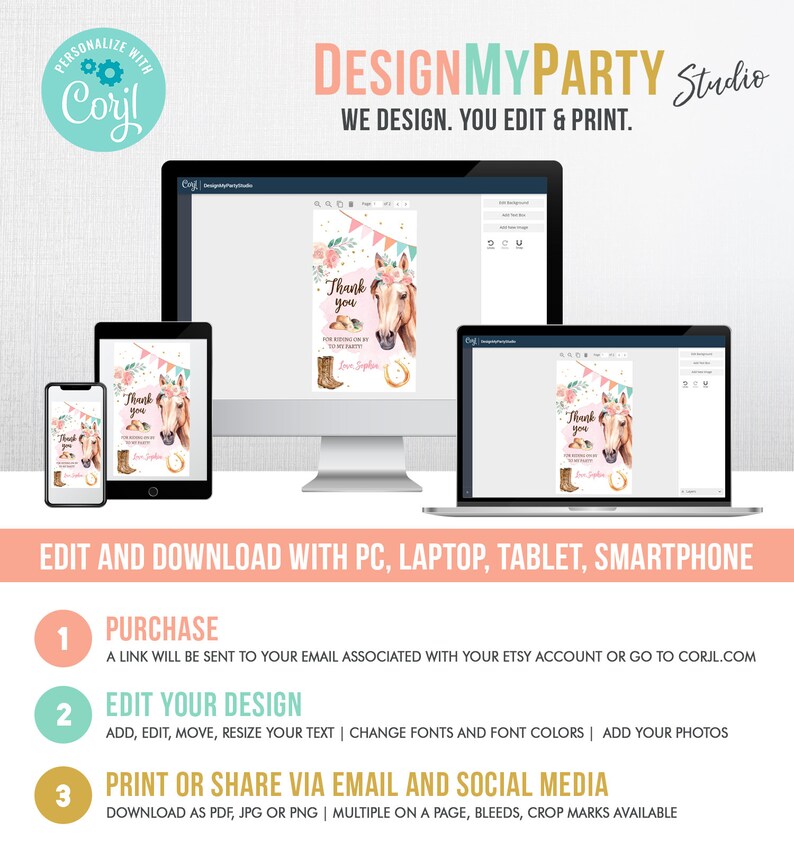 May include: A digital design template for a thank you card with a pink and white horse illustration, pink and white floral accents, and the text "Thank you for riding on my to my party".