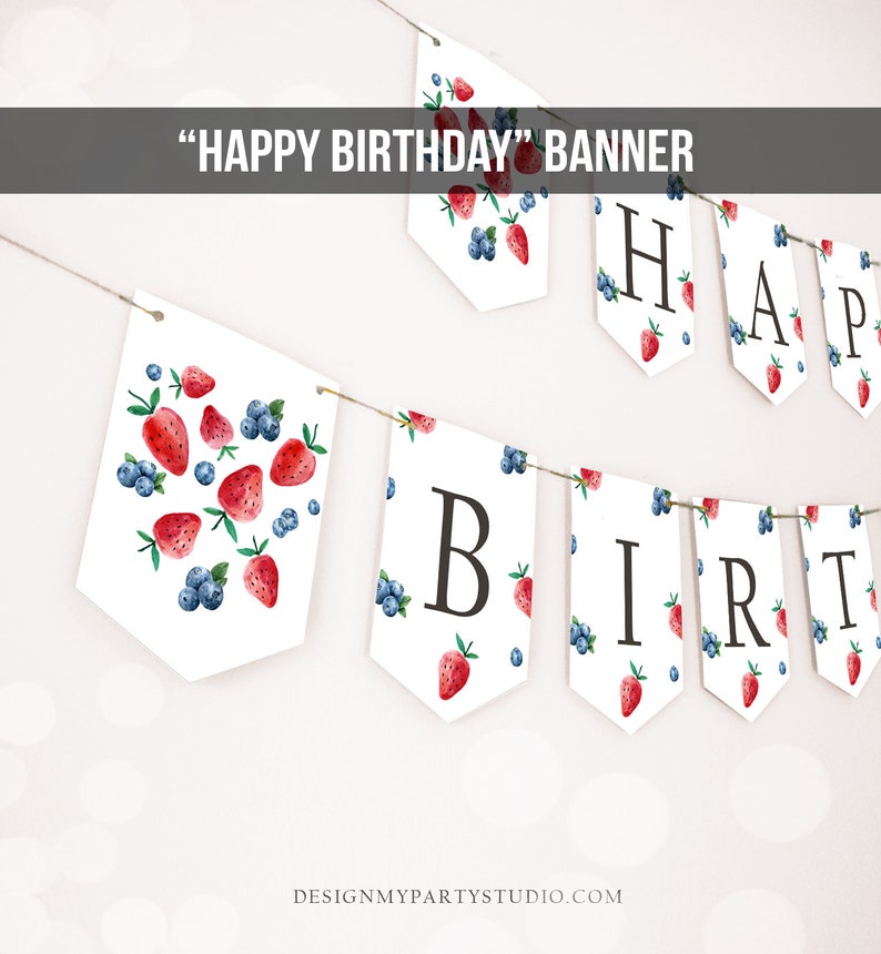 Happy Birthday Banner Strawberry Blueberry Banner Berry First Birthday Girl Decor Berry Sweet 1st Download PRINTABLE DIGITAL DIY 0399 image 1