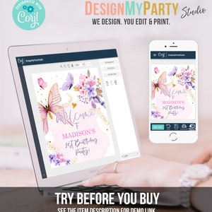 Editable Butterfly Welcome Sign Butterfly Birthday Party Butterfly Party Garden Girl Pink Gold Floral Purple Digital Template Printable 0437 image 4
