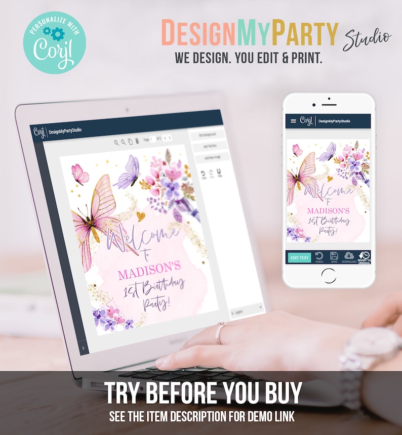 Editable Butterfly Welcome Sign Butterfly Birthday Party Butterfly Party Garden Girl Pink Gold Floral Purple Digital Template Printable 0437 image 4