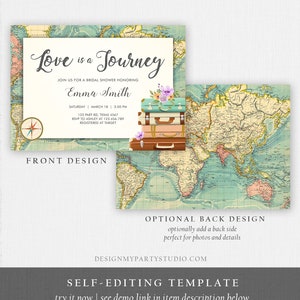 Editable Love is a Journey Bridal Shower Invitation World Map Suitcase Vintage Adventure Purple Lilac Floral Template Corjl Printable 0044 image 6