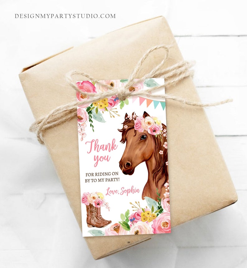 May include: Thank you for riding on by to my party!  Love, Sophia.  A brown horse with a pink flower crown and a floral border.  The tag is perfect for a horse-themed party favor.