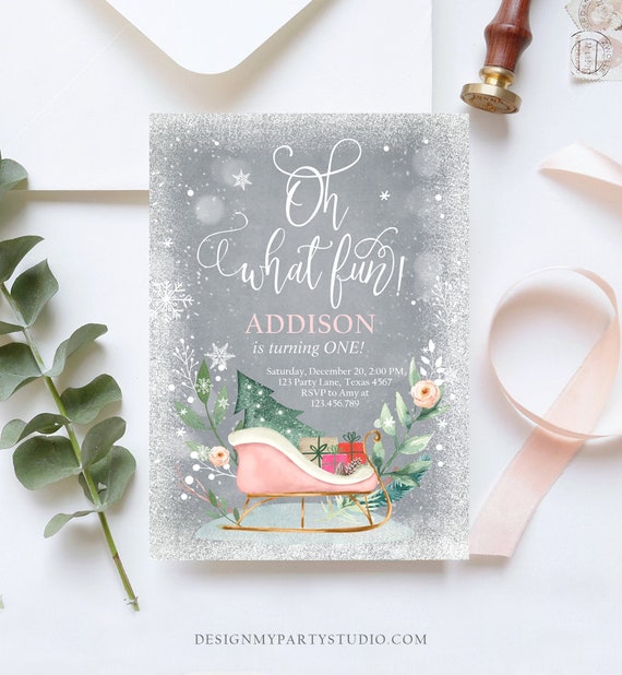 Editable Oh What Fun! Holiday 1st Winter Birthday Invitation Winter Christmas Party Sleigh Trees Girl Pink Gold Printable Template DIY 0353 Il_570xn