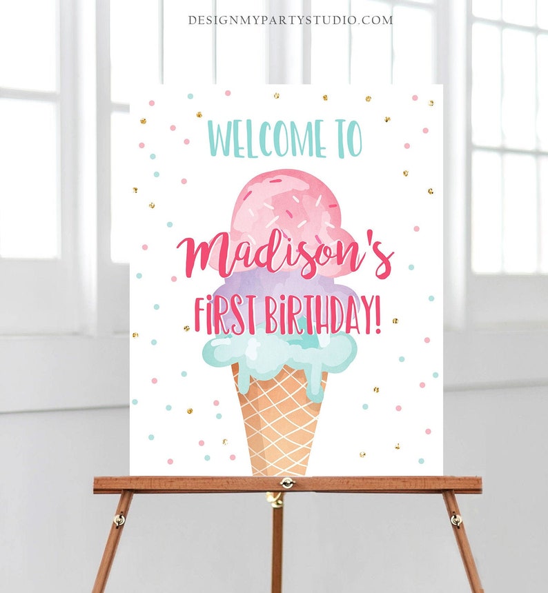 Editable Ice Cream Party Welcome Sign ice Cream Birthday Welcome Ice Cream Welcome Girl Summer Pink Purple Template PRINTABLE Corjl 0243 image 1