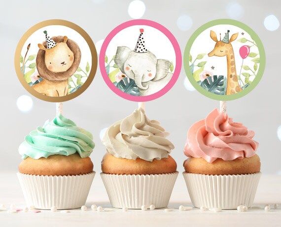 Safari Animals Cupcake Toppers Favor Tags Birthday Party Decoration Girl Animal Wild One Stickers Pink Gold Download Digital PRINTABLE 0163 Il_570xn