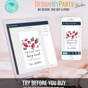 May include: A digital design template for a thank you card with a watercolor illustration of strawberries and blueberries. The text on the card reads "Thank you berry much for coming! Love, Madeline".