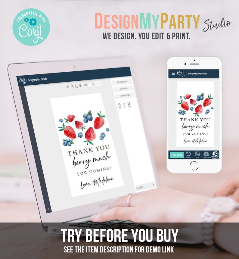 May include: A digital design template for a thank you card with a watercolor illustration of strawberries and blueberries. The text on the card reads "Thank you berry much for coming! Love, Madeline".