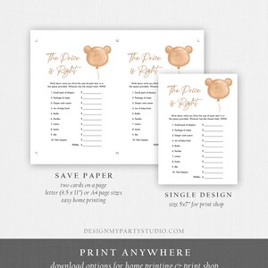 May include: Baby shower game cards with a bear balloon graphic. The text "The Price is Right" is displayed at the top. The game includes a list of baby items with spaces to write down the estimated cost. Two cards are on a page.