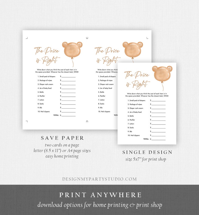 May include: Baby shower game cards with a bear balloon graphic. The text "The Price is Right" is displayed at the top. The game includes a list of baby items with spaces to write down the estimated cost. Two cards are on a page.