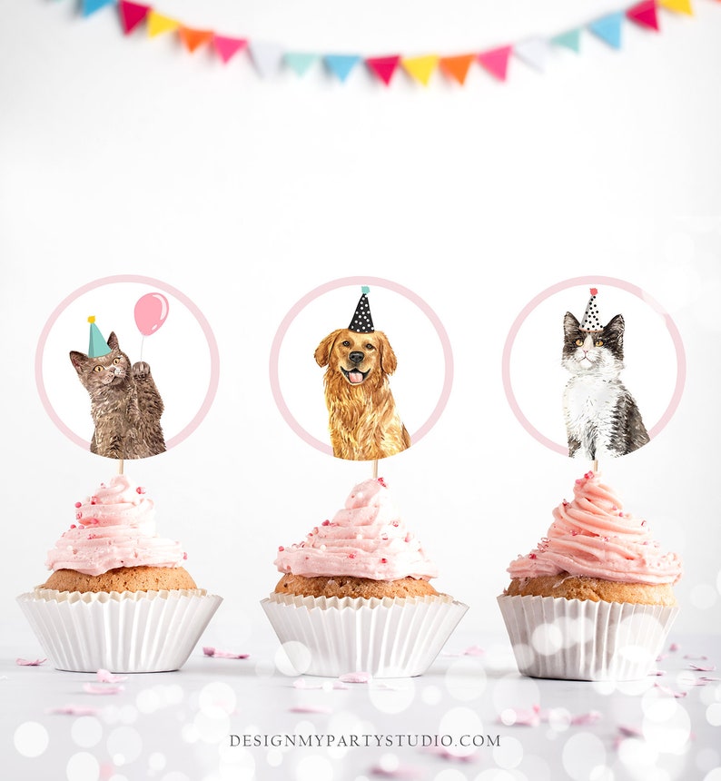 Cats and Dogs Cupcake Toppers Puppy Favor Tags Puppy Birthday Etsy