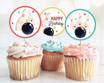 Bowling Party Cupcake Toppers Bowling Birthday Party Decorations Boy Stickers Tags Strike Up Some Fun Download Digital PRINTABLE 0505